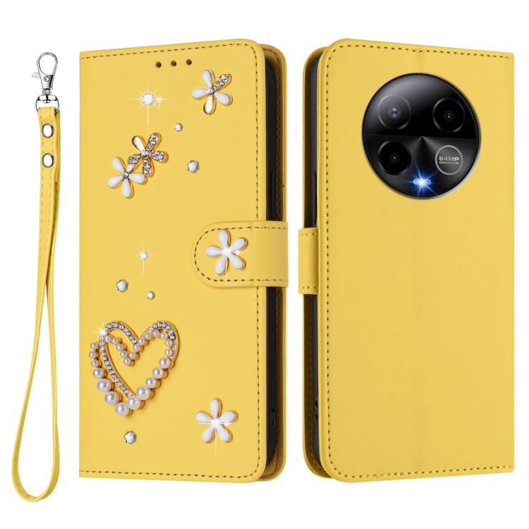 For BLU Bold K50 ZS01 Double-Layer Heart Floral Vegan Leather Phone Case with Wrist Strap