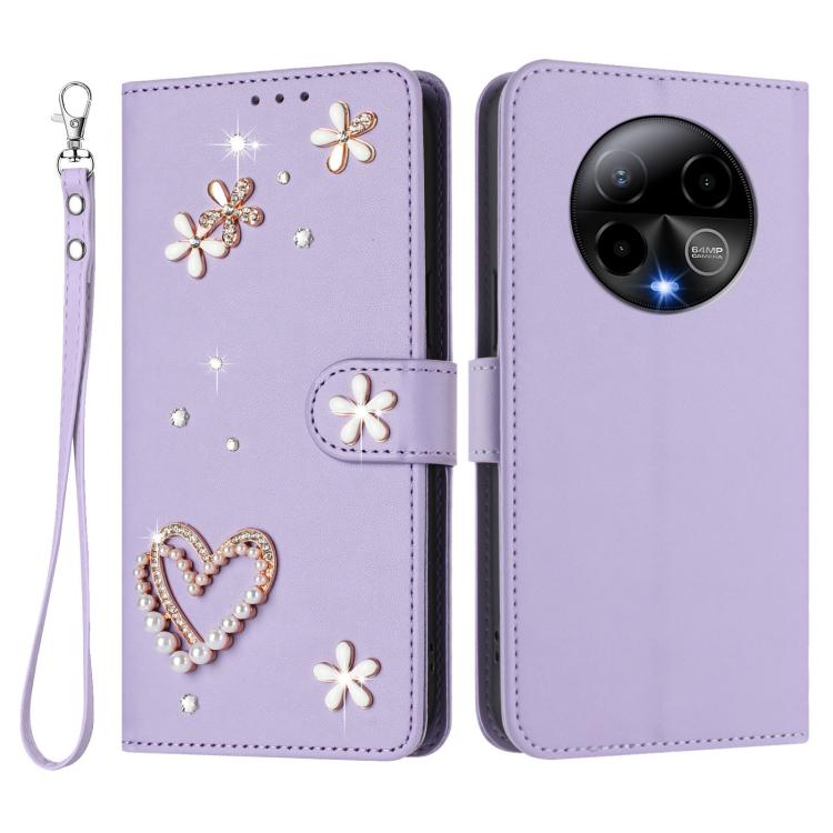 For BLU Bold K50 ZS01 Double-Layer Heart Floral Vegan Leather Phone Case with Wrist Strap