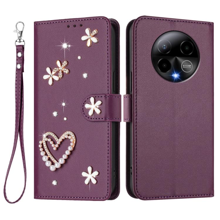 For BLU Bold K50 ZS01 Double-Layer Heart Floral Vegan Leather Phone Case with Wrist Strap