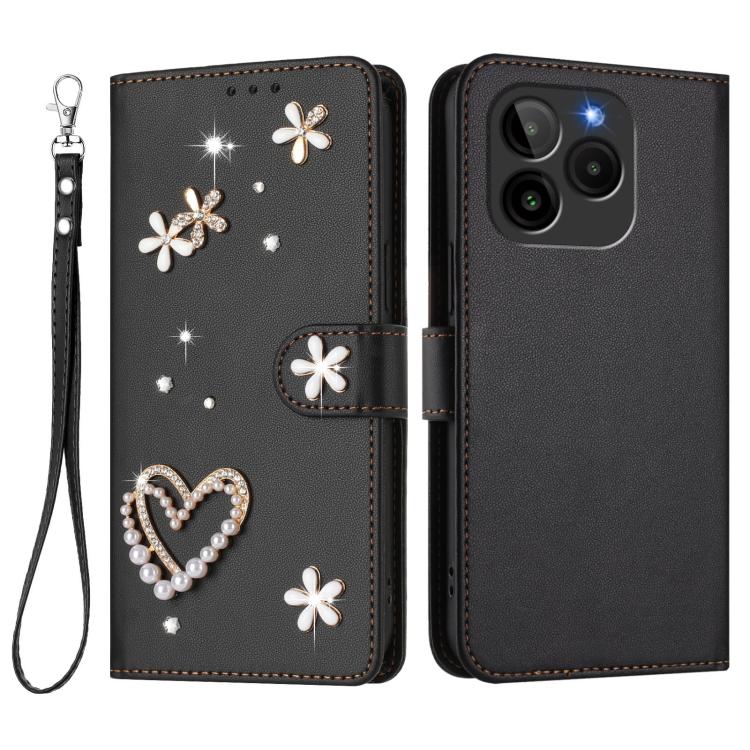 For BLU G54 ZS01 Double-Layer Heart Floral Vegan Leather Phone Case with Wrist Strap