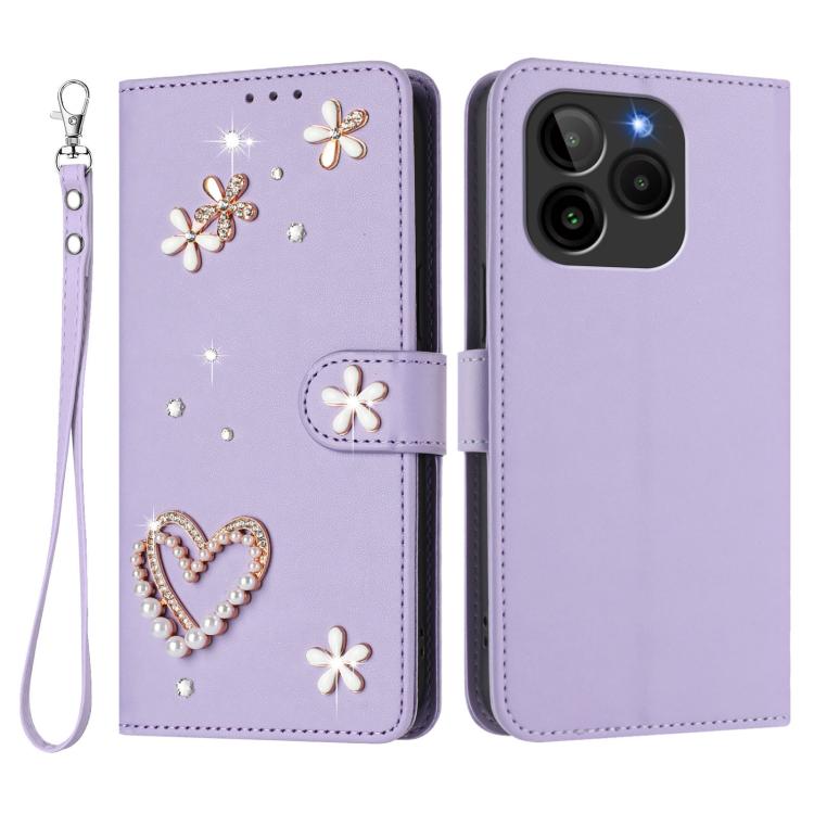 For BLU G54 ZS01 Double-Layer Heart Floral Vegan Leather Phone Case with Wrist Strap