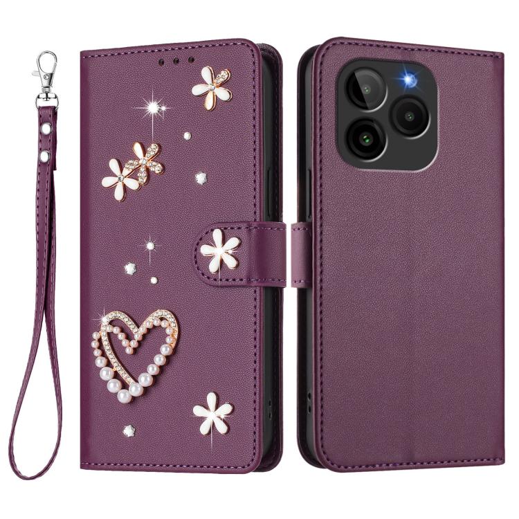 For BLU G54 ZS01 Double-Layer Heart Floral Vegan Leather Phone Case with Wrist Strap