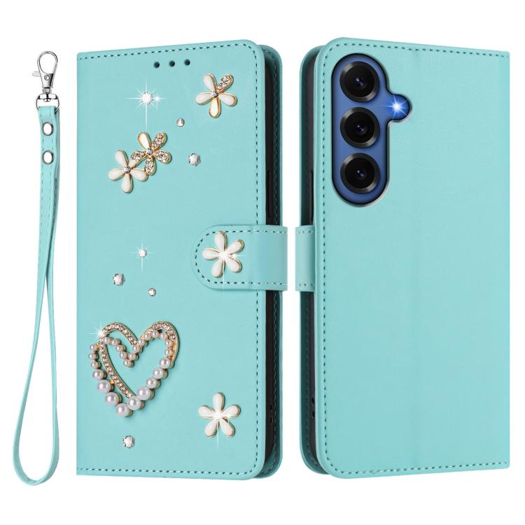 For Samsung Galaxy S26+ 5G ZS01 Double-Layer Heart Floral Vegan Leather Phone Case with Wrist Strap