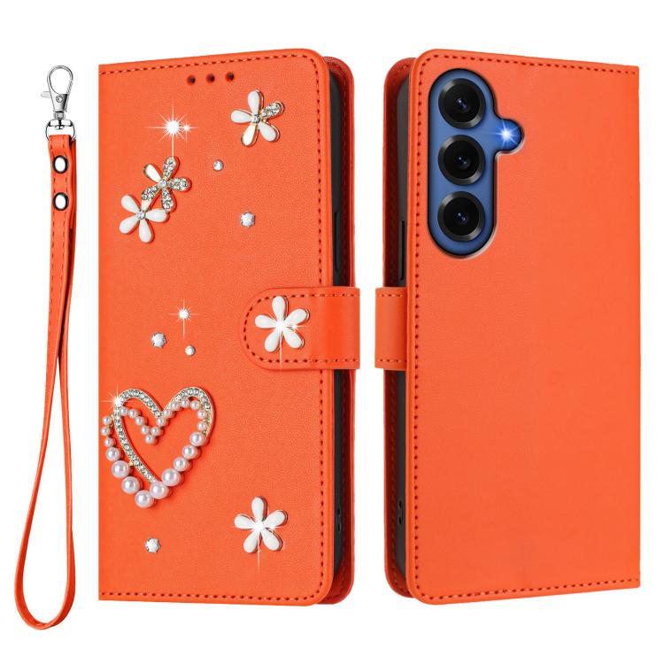 For Samsung Galaxy S26+ 5G ZS01 Double-Layer Heart Floral Vegan Leather Phone Case with Wrist Strap