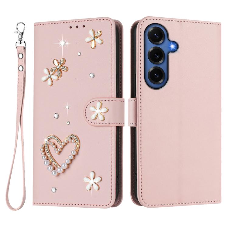 For Samsung Galaxy S26+ 5G ZS01 Double-Layer Heart Floral Vegan Leather Phone Case with Wrist Strap