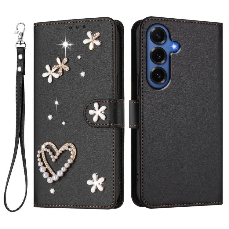 For Samsung Galaxy S26+ 5G ZS01 Double-Layer Heart Floral Vegan Leather Phone Case with Wrist Strap