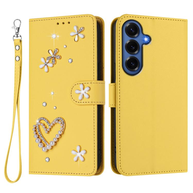 For Samsung Galaxy S26+ 5G ZS01 Double-Layer Heart Floral Vegan Leather Phone Case with Wrist Strap