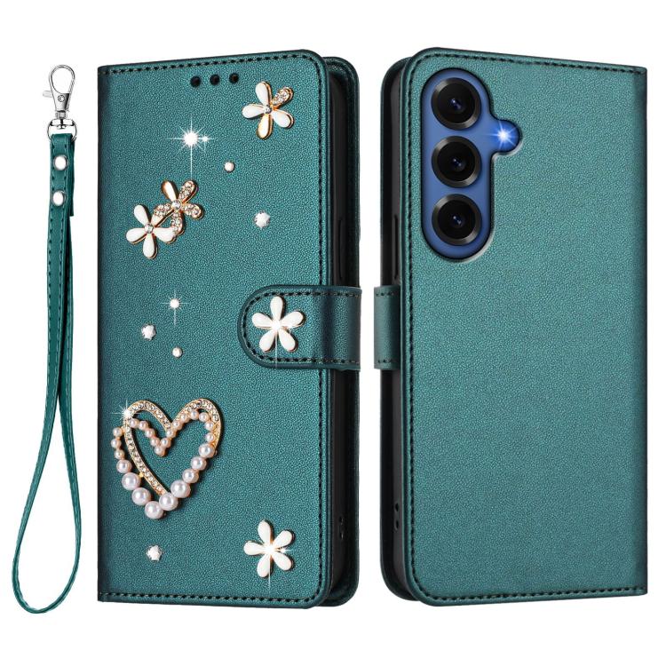 For Samsung Galaxy S26+ 5G ZS01 Double-Layer Heart Floral Vegan Leather Phone Case with Wrist Strap