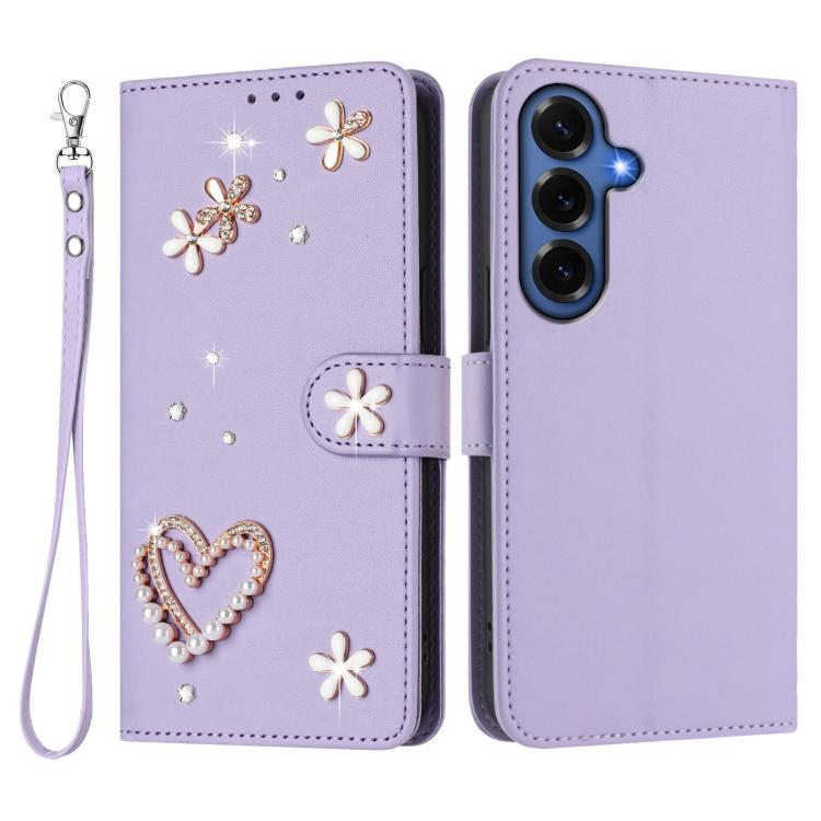 For Samsung Galaxy S26+ 5G ZS01 Double-Layer Heart Floral Vegan Leather Phone Case with Wrist Strap