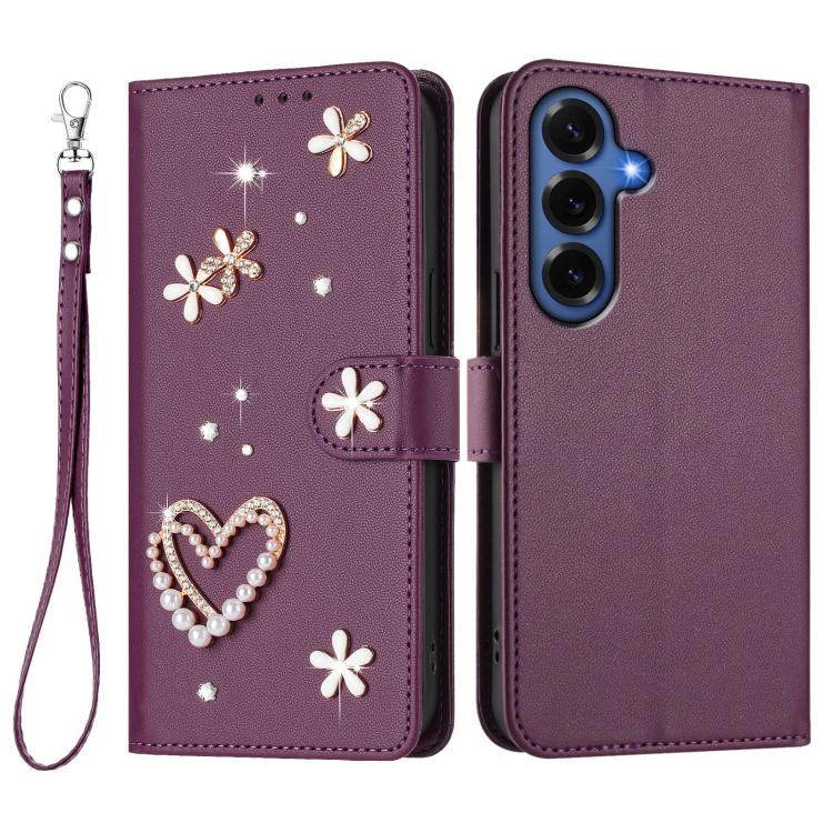 For Samsung Galaxy S26+ 5G ZS01 Double-Layer Heart Floral Vegan Leather Phone Case with Wrist Strap