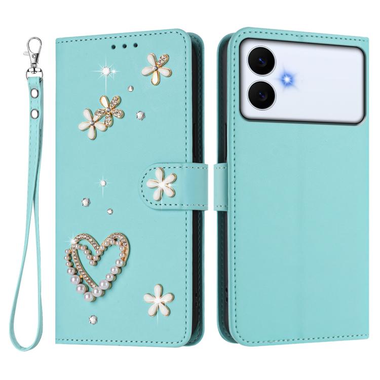 For Samsung Galaxy S26 Edge 5G ZS01 Double-Layer Heart Floral Vegan Leather Phone Case with Wrist Strap