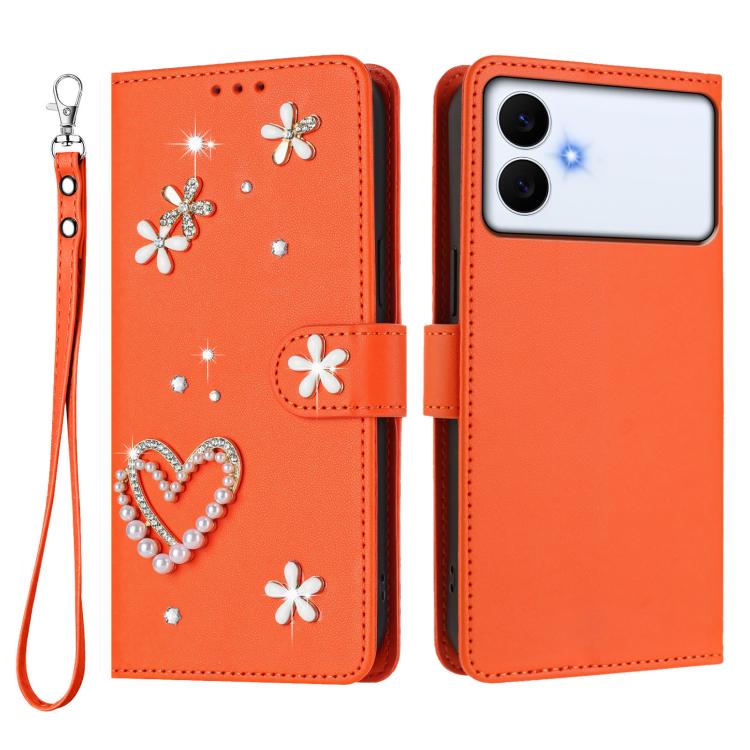 For Samsung Galaxy S26 Edge 5G ZS01 Double-Layer Heart Floral Vegan Leather Phone Case with Wrist Strap