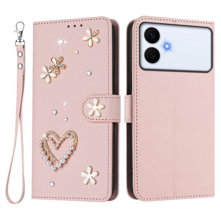 For Samsung Galaxy S26 Edge 5G ZS01 Double-Layer Heart Floral Vegan Leather Phone Case with Wrist Strap
