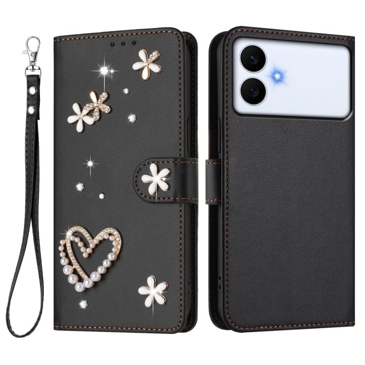 For Samsung Galaxy S26 Edge 5G ZS01 Double-Layer Heart Floral Vegan Leather Phone Case with Wrist Strap