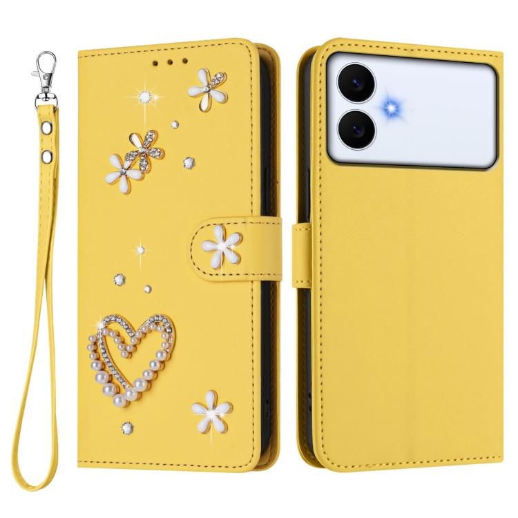 For Samsung Galaxy S26 Edge 5G ZS01 Double-Layer Heart Floral Vegan Leather Phone Case with Wrist Strap
