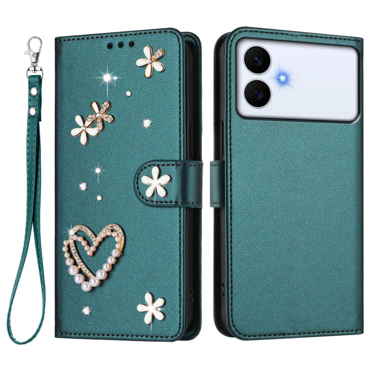 For Samsung Galaxy S26 Edge 5G ZS01 Double-Layer Heart Floral Vegan Leather Phone Case with Wrist Strap