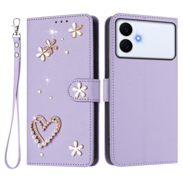 For Samsung Galaxy S26 Edge 5G ZS01 Double-Layer Heart Floral Vegan Leather Phone Case with Wrist Strap