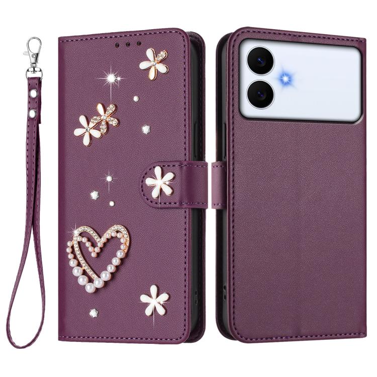 For Samsung Galaxy S26 Edge 5G ZS01 Double-Layer Heart Floral Vegan Leather Phone Case with Wrist Strap