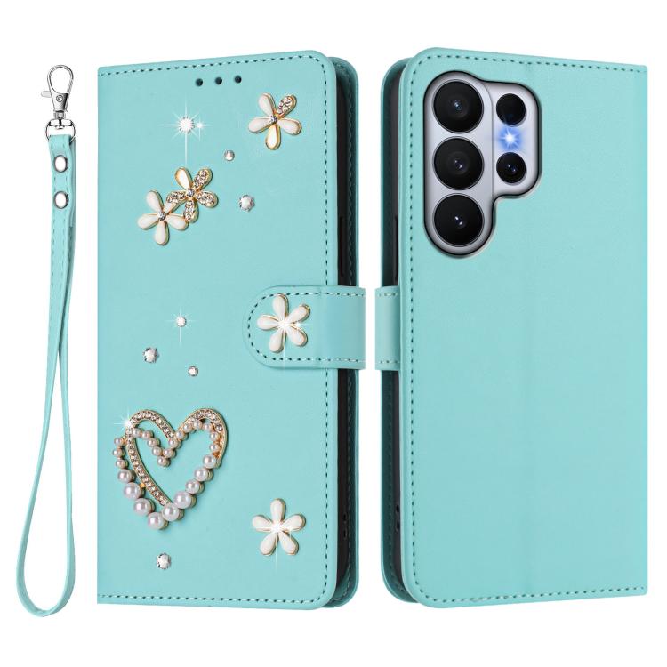 For Samsung Galaxy S26 Ultra 5G ZS01 Double-Layer Heart Floral Vegan Leather Phone Case with Wrist Strap