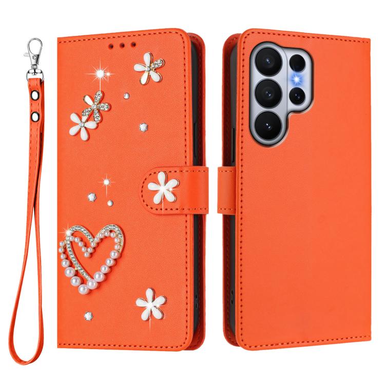 For Samsung Galaxy S26 Ultra 5G ZS01 Double-Layer Heart Floral Vegan Leather Phone Case with Wrist Strap