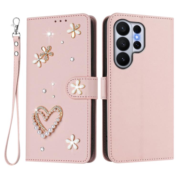 For Samsung Galaxy S26 Ultra 5G ZS01 Double-Layer Heart Floral Vegan Leather Phone Case with Wrist Strap