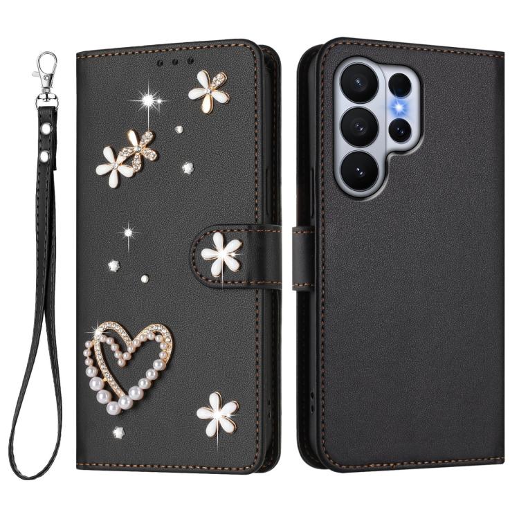 For Samsung Galaxy S26 Ultra 5G ZS01 Double-Layer Heart Floral Vegan Leather Phone Case with Wrist Strap