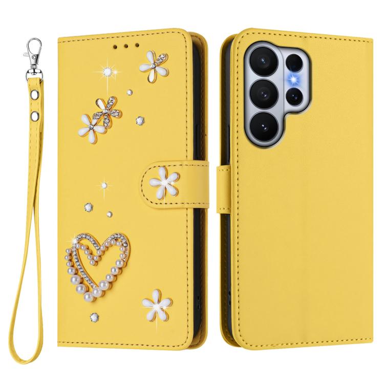 For Samsung Galaxy S26 Ultra 5G ZS01 Double-Layer Heart Floral Vegan Leather Phone Case with Wrist Strap