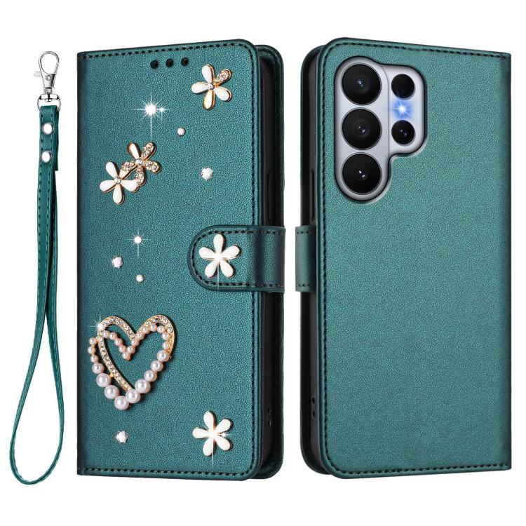 For Samsung Galaxy S26 Ultra 5G ZS01 Double-Layer Heart Floral Vegan Leather Phone Case with Wrist Strap