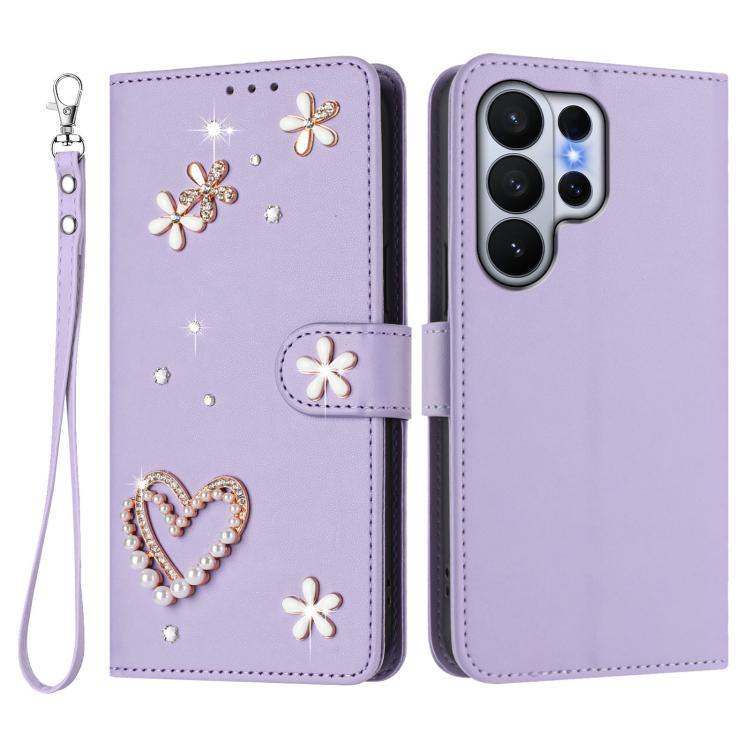 For Samsung Galaxy S26 Ultra 5G ZS01 Double-Layer Heart Floral Vegan Leather Phone Case with Wrist Strap