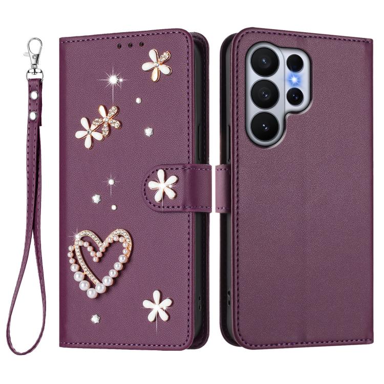 For Samsung Galaxy S26 Ultra 5G ZS01 Double-Layer Heart Floral Vegan Leather Phone Case with Wrist Strap