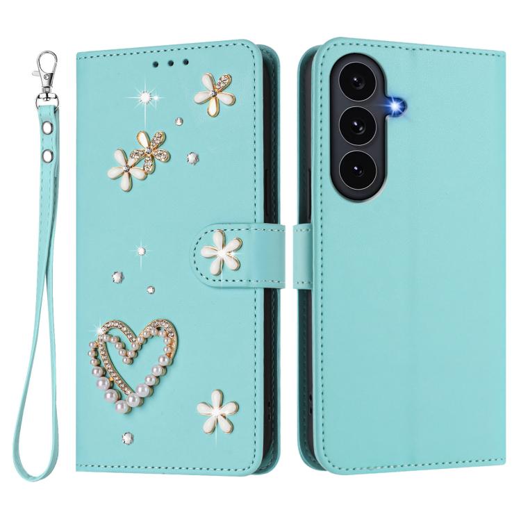 For Samsung Galaxy S25 FE 5G ZS01 Double-Layer Heart Floral Vegan Leather Phone Case with Wrist Strap