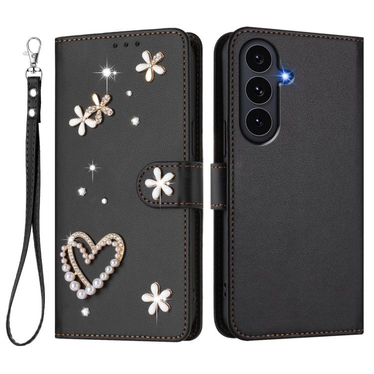 For Samsung Galaxy S25 FE 5G ZS01 Double-Layer Heart Floral Vegan Leather Phone Case with Wrist Strap