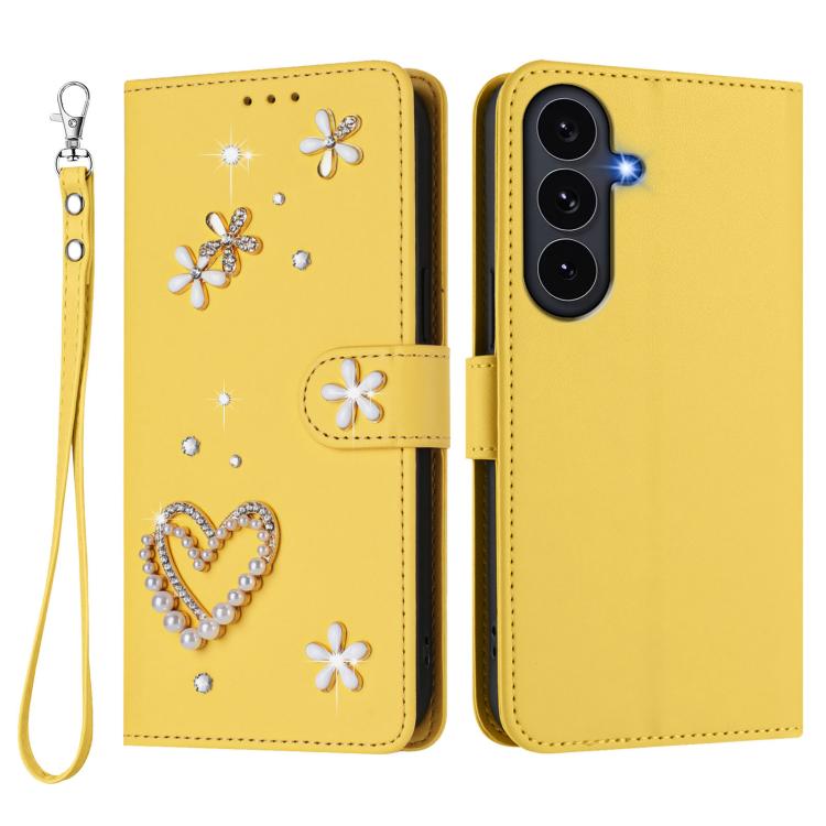 For Samsung Galaxy S25 FE 5G ZS01 Double-Layer Heart Floral Vegan Leather Phone Case with Wrist Strap