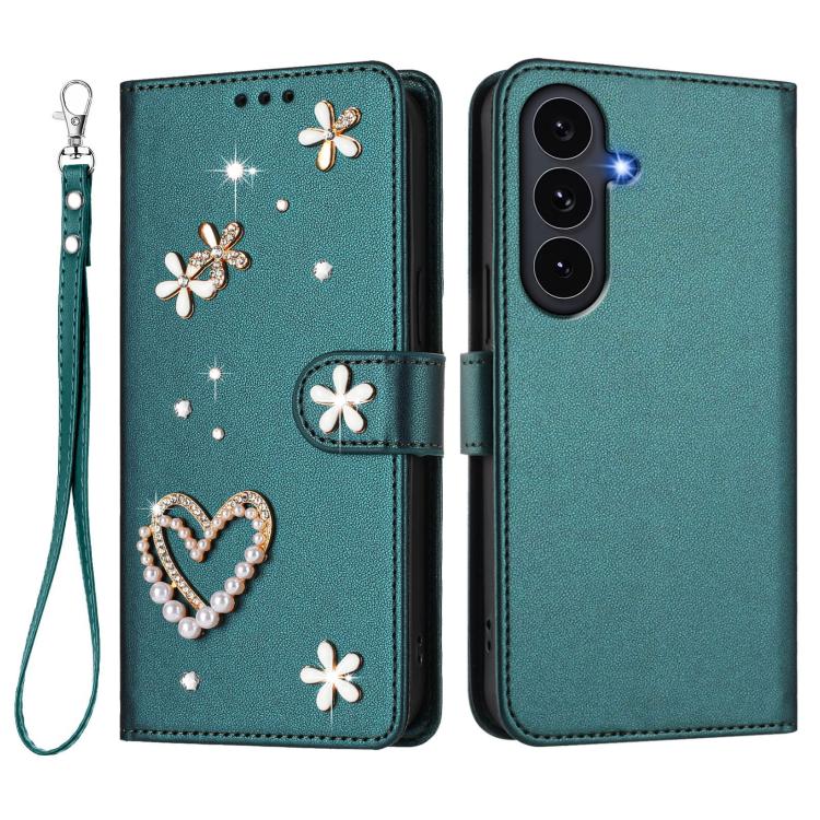 For Samsung Galaxy S25 FE 5G ZS01 Double-Layer Heart Floral Vegan Leather Phone Case with Wrist Strap