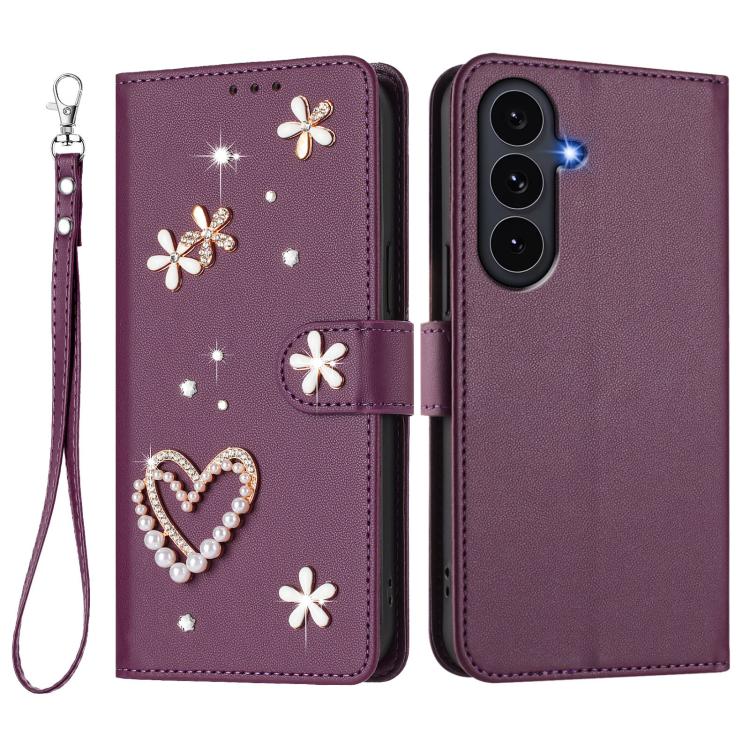 For Samsung Galaxy S25 FE 5G ZS01 Double-Layer Heart Floral Vegan Leather Phone Case with Wrist Strap