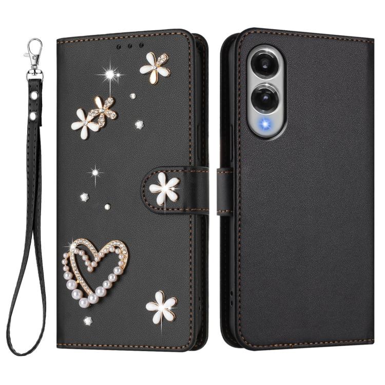 For Samsung Galaxy S25 Edge 5G ZS01 Double-Layer Heart Floral Vegan Leather Phone Case with Wrist Strap