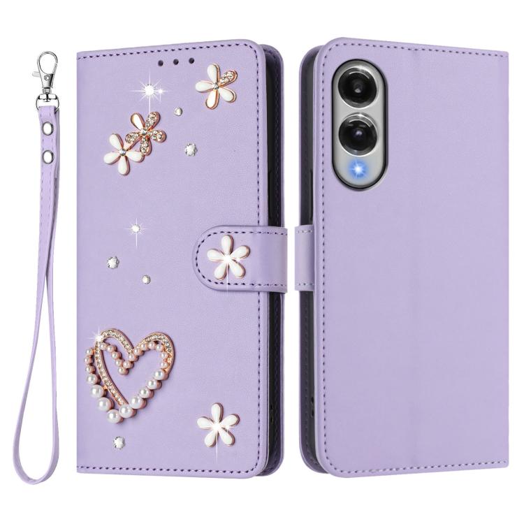 For Samsung Galaxy S25 Edge 5G ZS01 Double-Layer Heart Floral Vegan Leather Phone Case with Wrist Strap