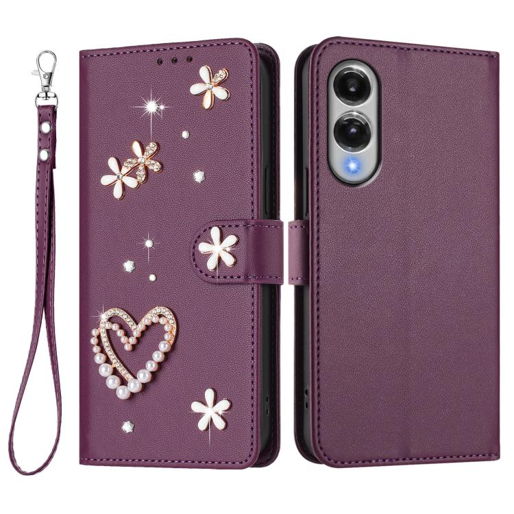 For Samsung Galaxy S25 Edge 5G ZS01 Double-Layer Heart Floral Vegan Leather Phone Case with Wrist Strap