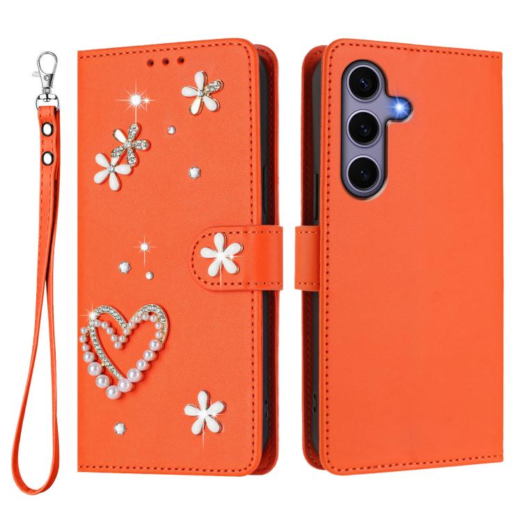 For Samsung Galaxy S25 / S24 5G ZS01 Double-Layer Heart Floral Vegan Leather Phone Case with Wrist Strap