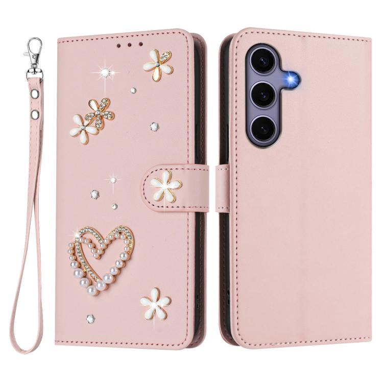 For Samsung Galaxy S25 / S24 5G ZS01 Double-Layer Heart Floral Vegan Leather Phone Case with Wrist Strap