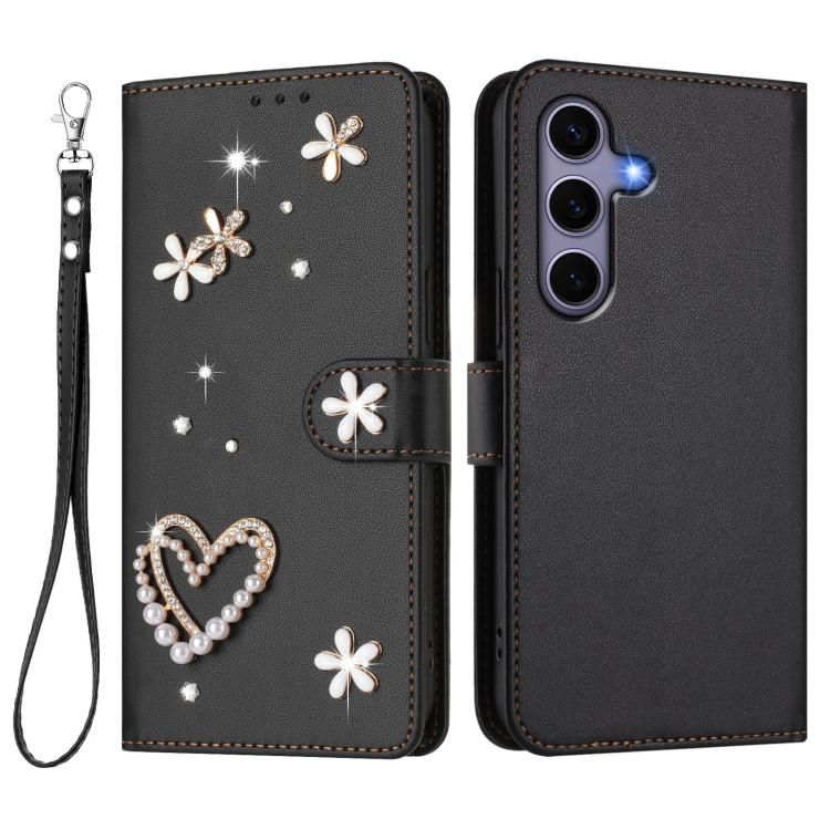 For Samsung Galaxy S25 / S24 5G ZS01 Double-Layer Heart Floral Vegan Leather Phone Case with Wrist Strap