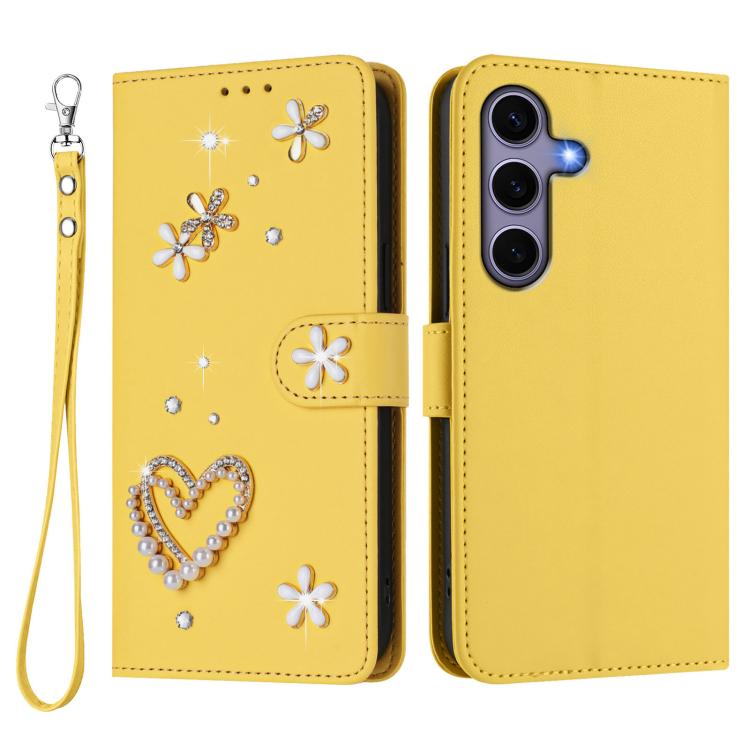 For Samsung Galaxy S25 / S24 5G ZS01 Double-Layer Heart Floral Vegan Leather Phone Case with Wrist Strap