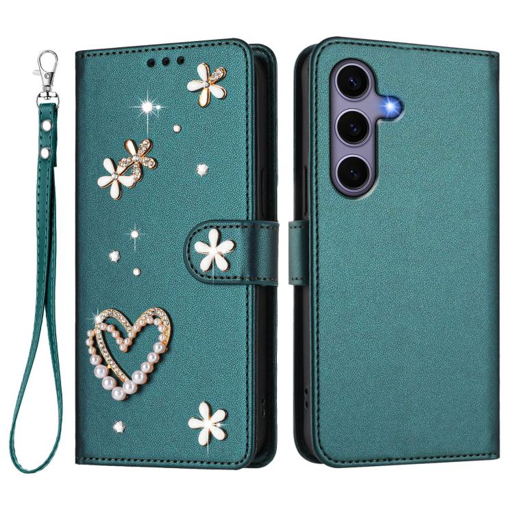 For Samsung Galaxy S25 / S24 5G ZS01 Double-Layer Heart Floral Vegan Leather Phone Case with Wrist Strap
