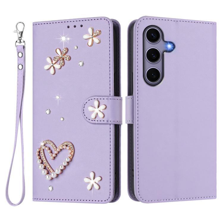For Samsung Galaxy S25 / S24 5G ZS01 Double-Layer Heart Floral Vegan Leather Phone Case with Wrist Strap