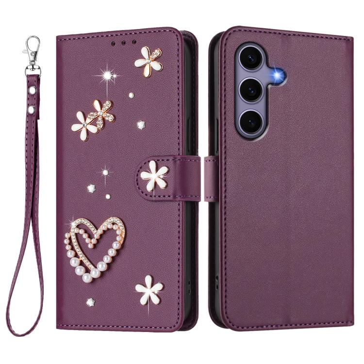 For Samsung Galaxy S25 / S24 5G ZS01 Double-Layer Heart Floral Vegan Leather Phone Case with Wrist Strap