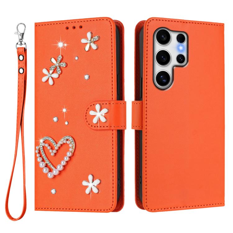 For Samsung Galaxy S25 Ultra 5G ZS01 Double-Layer Heart Floral Vegan Leather Phone Case with Wrist Strap