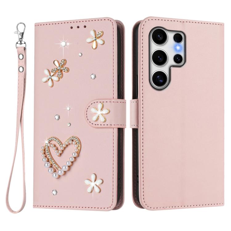 For Samsung Galaxy S25 Ultra 5G ZS01 Double-Layer Heart Floral Vegan Leather Phone Case with Wrist Strap