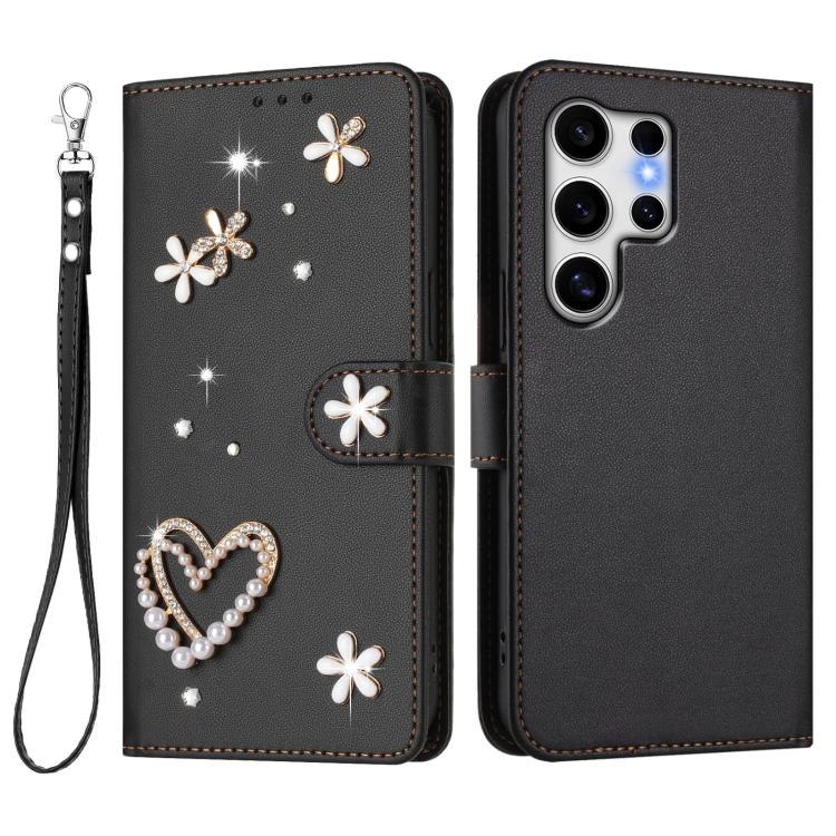 For Samsung Galaxy S25 Ultra 5G ZS01 Double-Layer Heart Floral Vegan Leather Phone Case with Wrist Strap