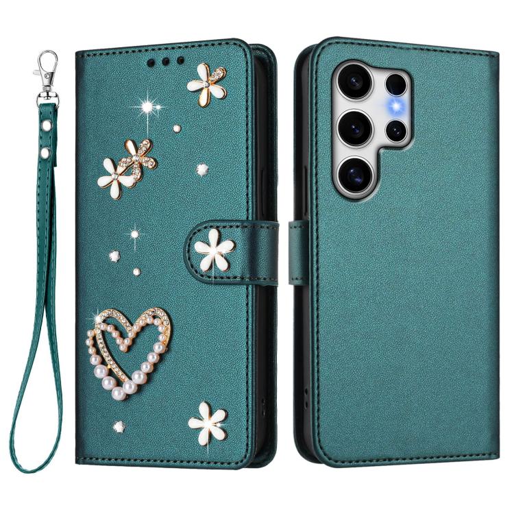 For Samsung Galaxy S25 Ultra 5G ZS01 Double-Layer Heart Floral Vegan Leather Phone Case with Wrist Strap