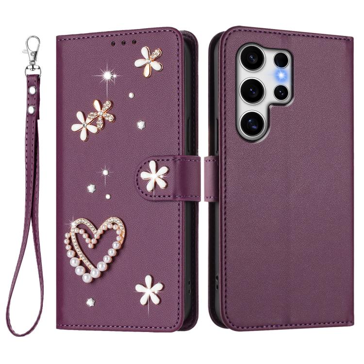 For Samsung Galaxy S25 Ultra 5G ZS01 Double-Layer Heart Floral Vegan Leather Phone Case with Wrist Strap